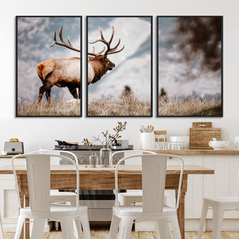 70489411-MGV-FC-60X30-3P_Black-Elk Photography Wall Art Canvas Print, Framed Mountain Wildlife Art Picture Print, Rustic Nature Decor Perfect Rustic Lodge Decor