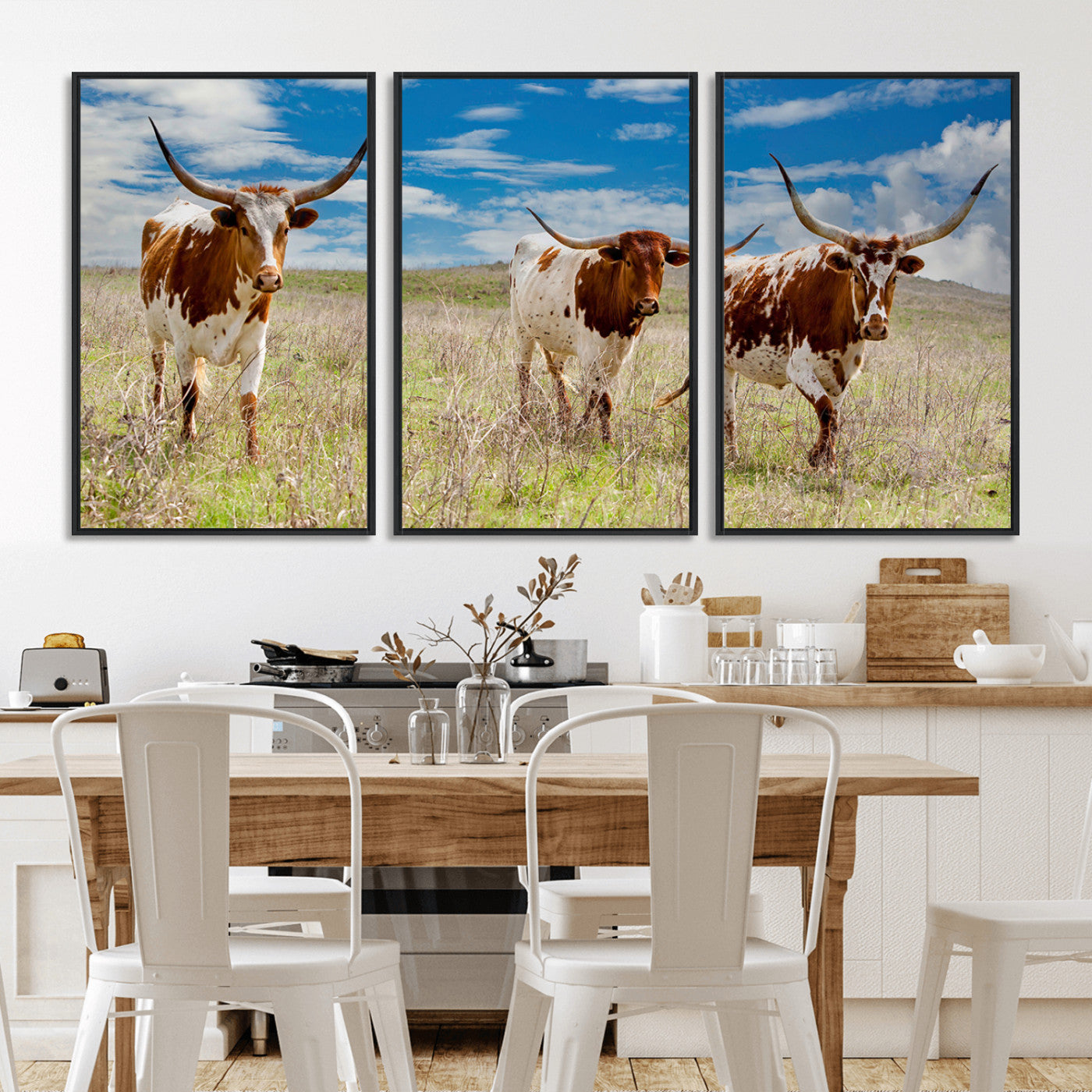 58099948-MGV-FC-60X30-3P_Black-Texas Longhorn Wall Art Canvas Print, Framed Western Decor Art Picture Print, Rustic Farmhouse Perfect Western Farmhouse Decor