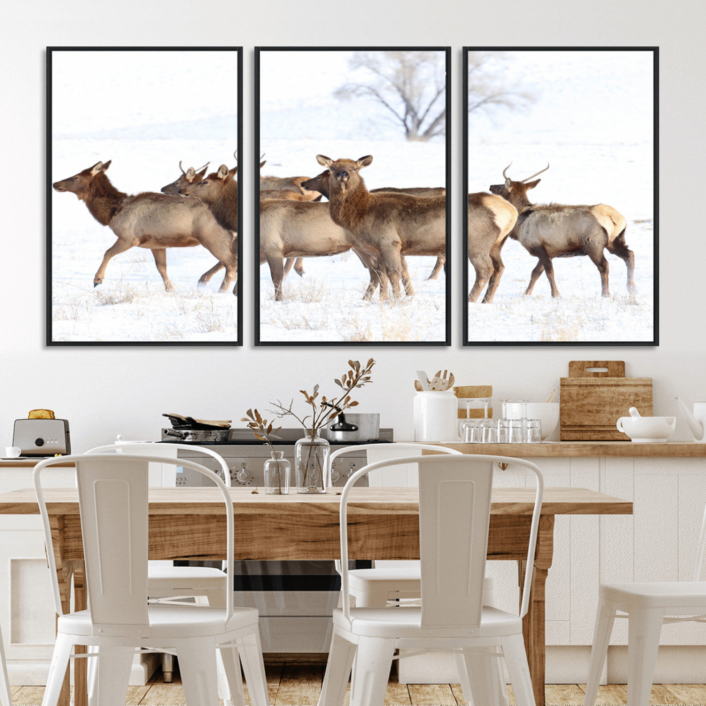 68738684-MGV-FC-60X30-3P_Black-Winter Elk Scene Wall Art Canvas Print, Framed Wildlife Photography Art Picture Print, Snowy Deer Decor Perfect Rustic Lodge Decor