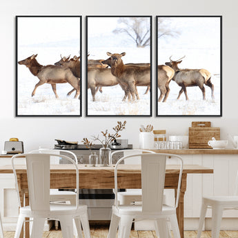 68738684-MGV-FC-60X30-3P_Black-Winter Elk Scene Wall Art Canvas Print, Framed Wildlife Photography Art Picture Print, Snowy Deer Decor Perfect Rustic Lodge Decor