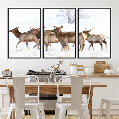 68738684-MGV-CV-36X24-Winter Elk Scene Wall Art Canvas Print, Framed Wildlife Photography Art Picture Print, Snowy Deer Decor Perfect Rustic Lodge Decor