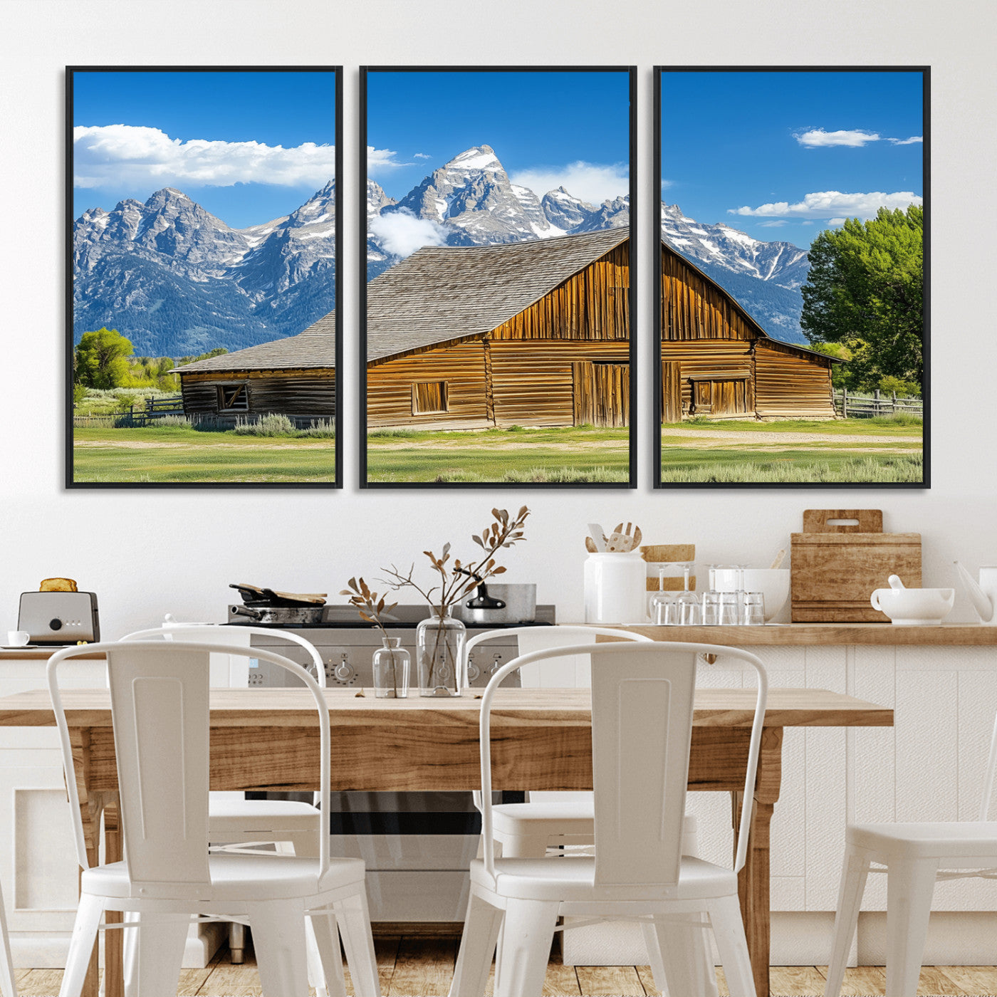75948467-MGV-FC-60X30-3P_Black-Mountain Barn Scene Wall Art Canvas Print, Framed Rustic Farmhouse Style Art Picture Print, Country Cabin Decor Perfect Rustic
