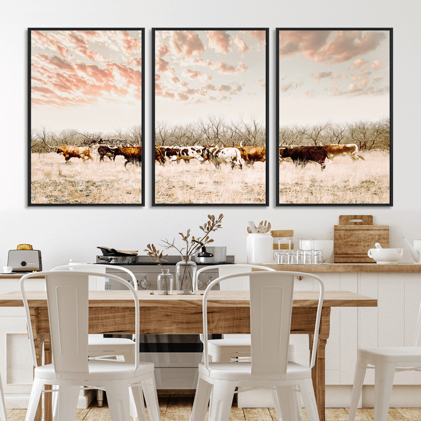 43704663-MGV-FC-60X30-3P_Black-Country Cow Herd Wall Art Canvas Print, Framed Farmhouse Cattle Scene Art Picture Print, Rustic Ranch Decor Perfect Rustic