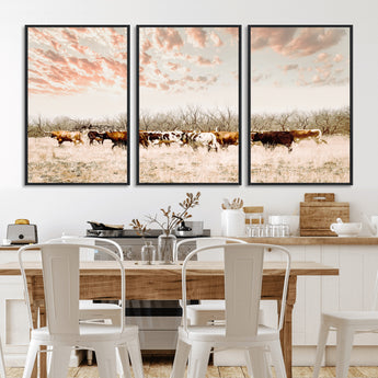 43704663-MGV-FC-60X30-3P_Black-Country Cow Herd Wall Art Canvas Print, Framed Farmhouse Cattle Scene Art Picture Print, Rustic Ranch Decor Perfect Rustic