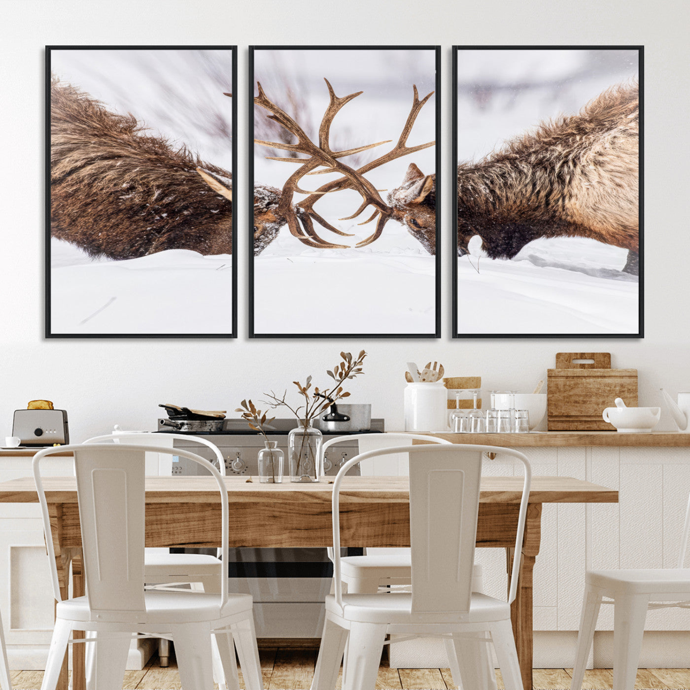 36507609-MGV-FC-60X30-3P_Black-Elk Clash Scene Wall Art Canvas Print, Framed Wildlife Strength Decor Art Picture Print, Snowy Forest Elk Perfect Rustic Lodge
