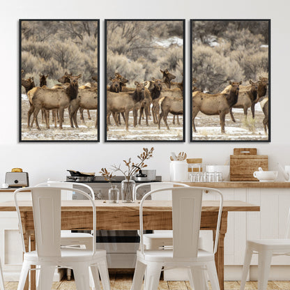 90269422-MGV-FC-60X30-3P_Black-Elk Herd Scene Wall Art Canvas Print, Framed Rustic Wildlife Decor Art Picture Print, Western Cabin Style Perfect Rustic Lodge