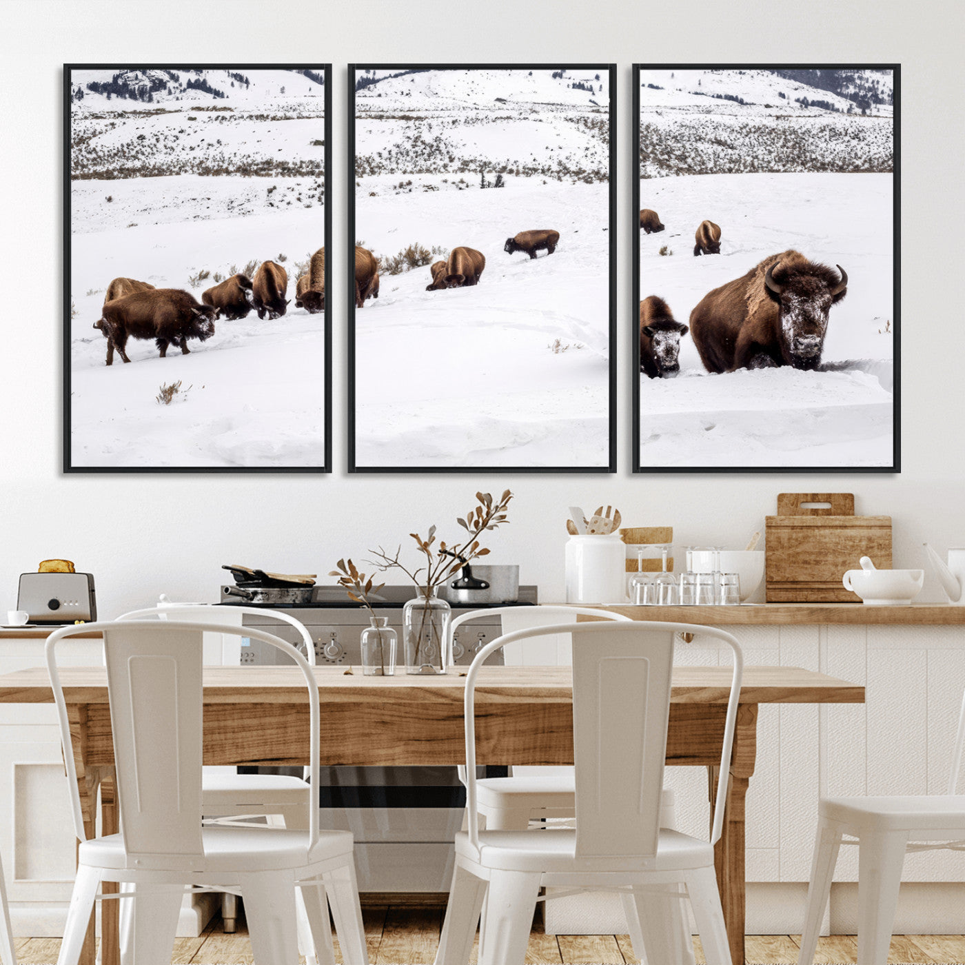 13891210-MGV-CV-36X24-Bison Herd Scene Wall Art Canvas Print, Framed Western Wildlife Decor Art Picture Print, Snowy Mountain Valley Perfect Rustic