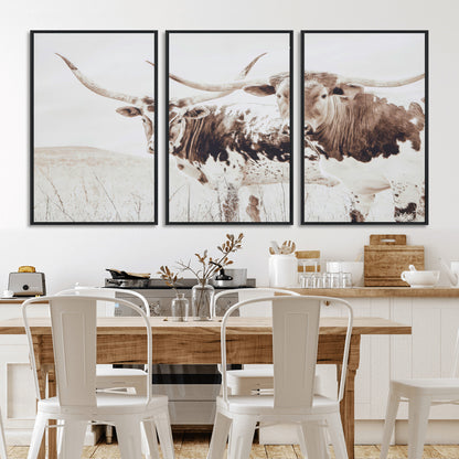 48161868-MGV-FC-60X30-3P_Black-Longhorn Cow Decor Wall Art Canvas Print, Framed Rustic Cattle Art Picture Print, Sepia Western Vibe Perfect Neutral Rustic