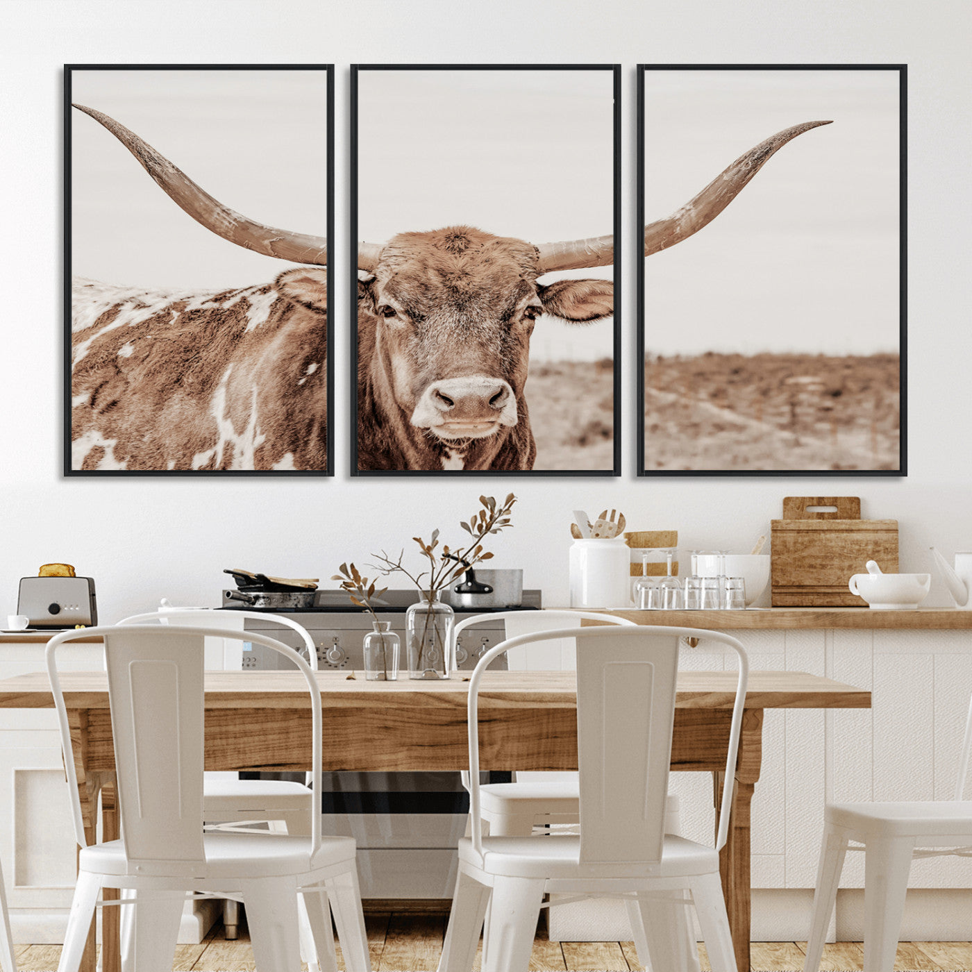 77810049-MGV-FC-60X30-3P_Black-Longhorn Bull Photo Wall Art Canvas Print, Framed Rustic Cow Decor Art Picture Print, Neutral Farmhouse Style Perfect Rustic