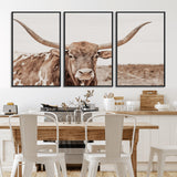 77810049-MGV-FC-60X30-3P_Black-Longhorn Bull Photo Wall Art Canvas Print, Framed Rustic Cow Decor Art Picture Print, Neutral Farmhouse Style Perfect Rustic