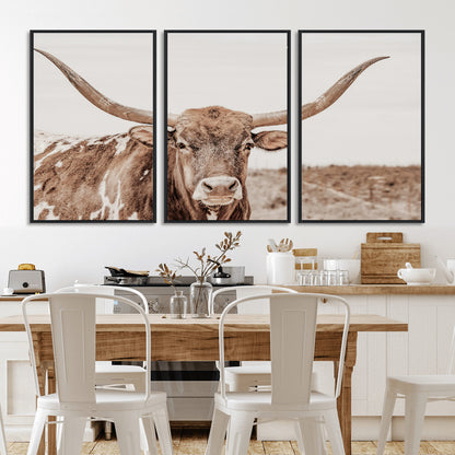 77810049-MGV-FC-60X30-3P_Black-Longhorn Bull Photo Wall Art Canvas Print, Framed Rustic Cow Decor Art Picture Print, Neutral Farmhouse Style Perfect Rustic