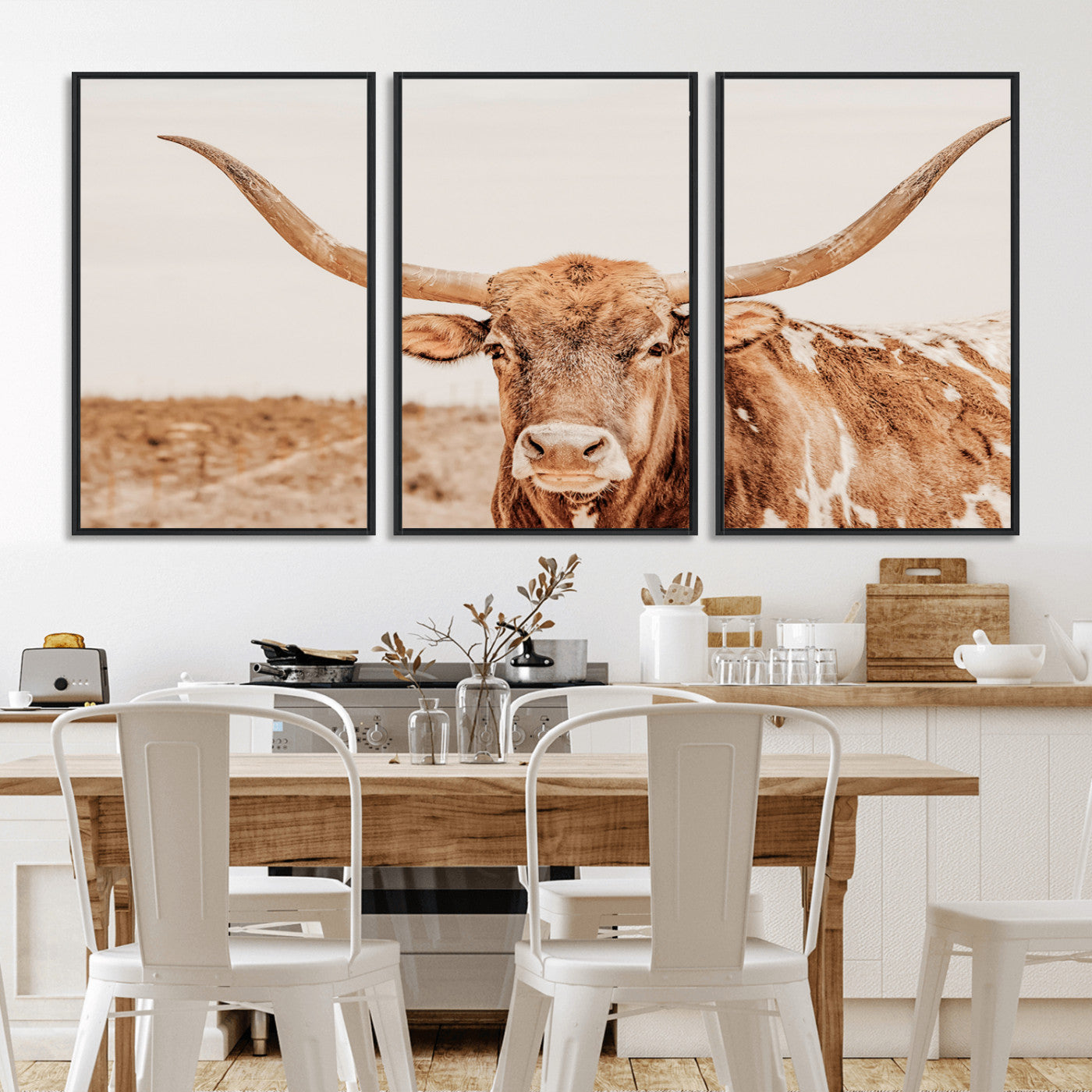 74406977-MGV-FC-60X30-3P_Black-Longhorn Bull Decor Wall Art Canvas Print, Framed Western Cow Theme Art Picture Print, Rustic Farmhouse Wall Perfect Neutral