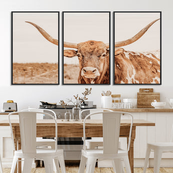 74406977-MGV-FC-60X30-3P_Black-Longhorn Bull Decor Wall Art Canvas Print, Framed Western Cow Theme Art Picture Print, Rustic Farmhouse Wall Perfect Neutral