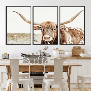 98924580-MGV-FC-60X30-3P_Black-Texas Longhorn Bull Wall Art Canvas Print, Framed Rustic Farmhouse Decor Art Picture Print, Western Animal Theme Perfect Rustic
