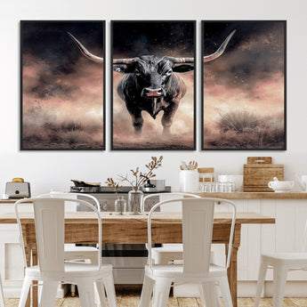 71457818-MGV-CV-36X24-Longhorn Wall Art Wall Art Canvas Print, Framed Western Bull Canvas Art Picture Print, Rustic Cow Decor Perfect Western Dramatic