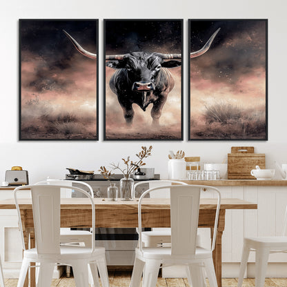 71457818-MGV-CV-36X24-Longhorn Wall Art Wall Art Canvas Print, Framed Western Bull Canvas Art Picture Print, Rustic Cow Decor Perfect Western Dramatic