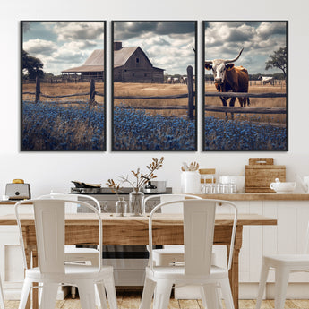 51092814-MGV-CV-36X24-Texas Longhorn Wall Art Wall Art Canvas Print, Framed Rustic Barn Canvas Art Picture Print, Farmhouse Cow Decor Perfect Rustic
