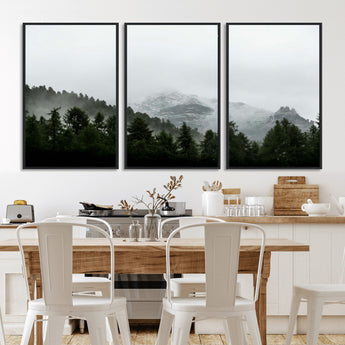 55968349-MGV-CV-36X24-Misty Mountains Wall Art Canvas Print, Framed Foggy Forest Art Picture Print, Snowy Peaks Perfect Moody Wilderness Decor Artwork