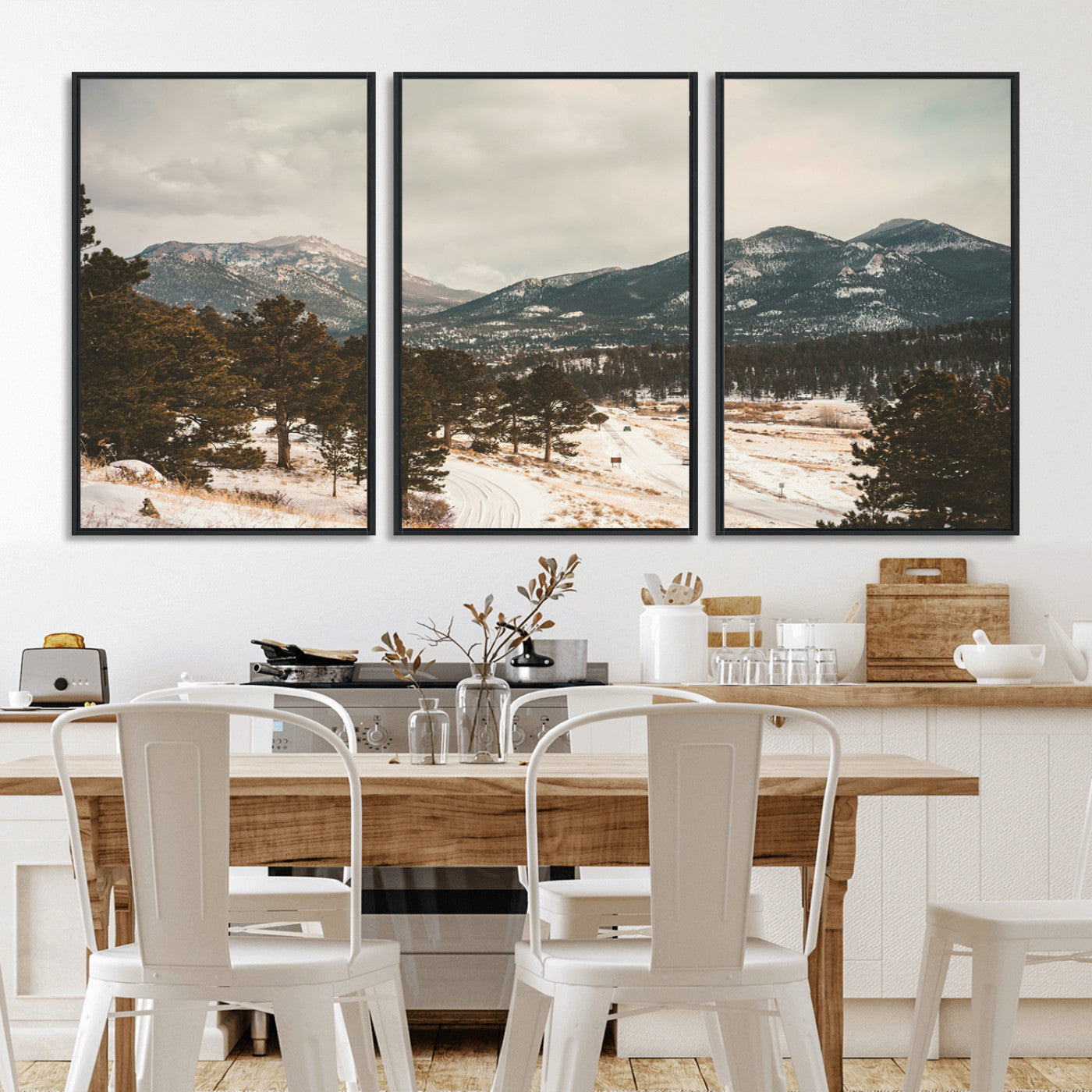 77311749-MGV-FC-60X30-3P_Black-Mountain Landscape Wall Art Canvas Print, Framed Snowy Peaks Art Picture Print, Alpine Aesthetic Perfect Rustic Winter Decor