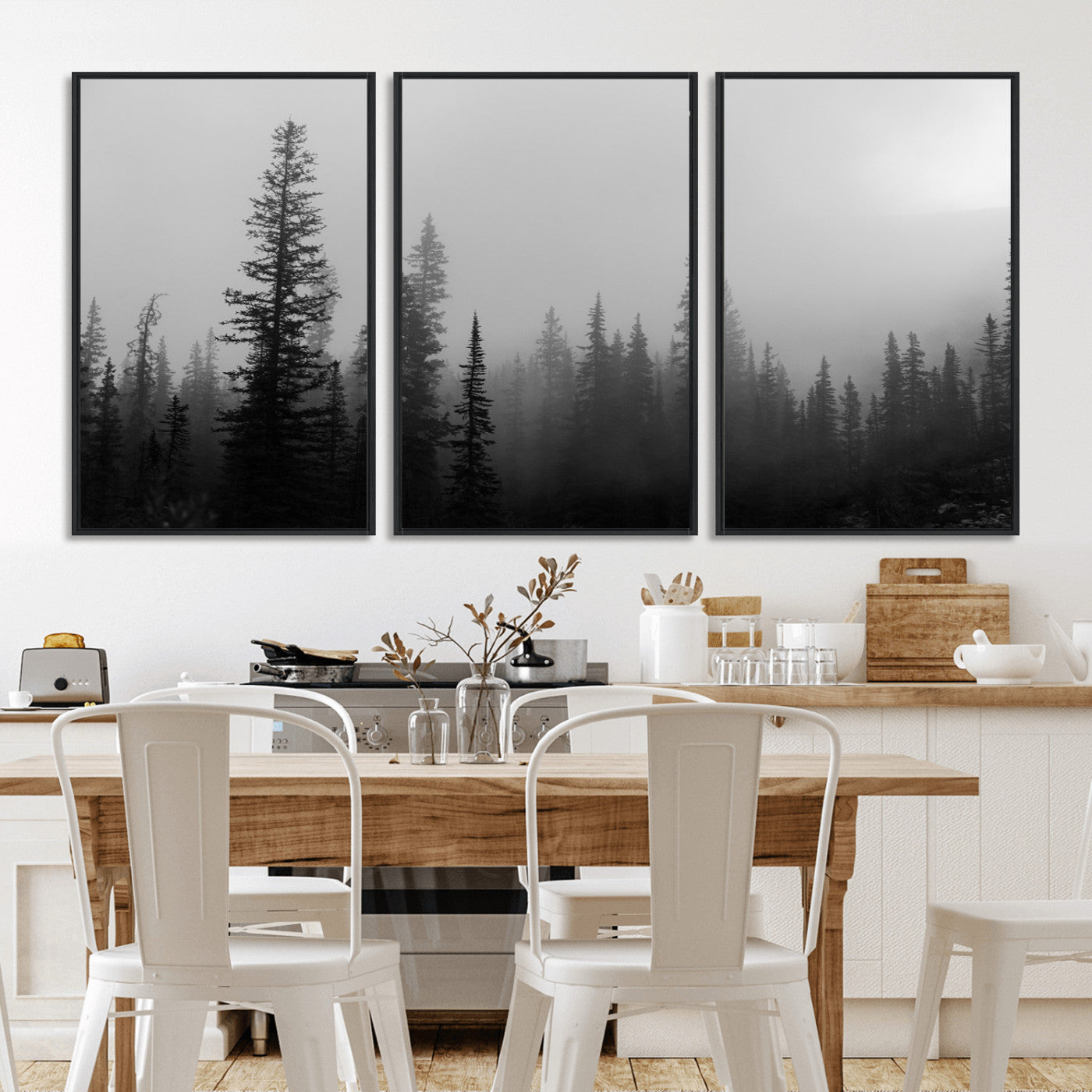 73138900-MGV-CV-36X24-Misty Pines Wall Art Canvas Print, Framed Woodland Photography Art Picture Print, Minimalist Decor Perfect Modern Rustic Decor