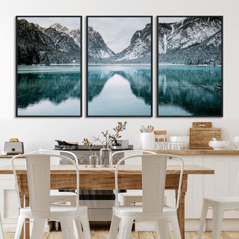 73098373-MGV-CV-36X24-Mountain Lake Wall Art Canvas Print, Framed Winter Wonderland Art Picture Print, Snowy Peaks Perfect Modern Nature Decor Artwork