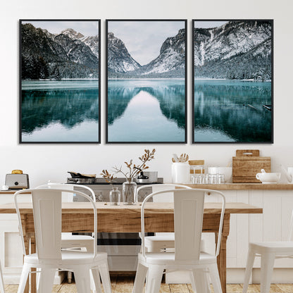 73098373-MGV-CV-36X24-Mountain Lake Wall Art Canvas Print, Framed Winter Wonderland Art Picture Print, Snowy Peaks Perfect Modern Nature Decor Artwork