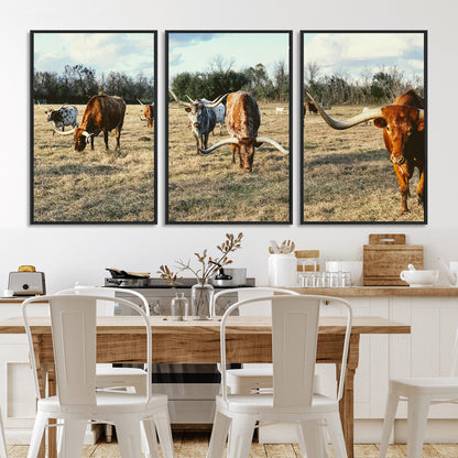 39144651-MGV-CV-36X24-Texas Longhorns Wall Art Canvas Print, Framed Rustic Farm Scene Art Picture Print, Western Cattle Perfect Rustic Farmhouse Decor