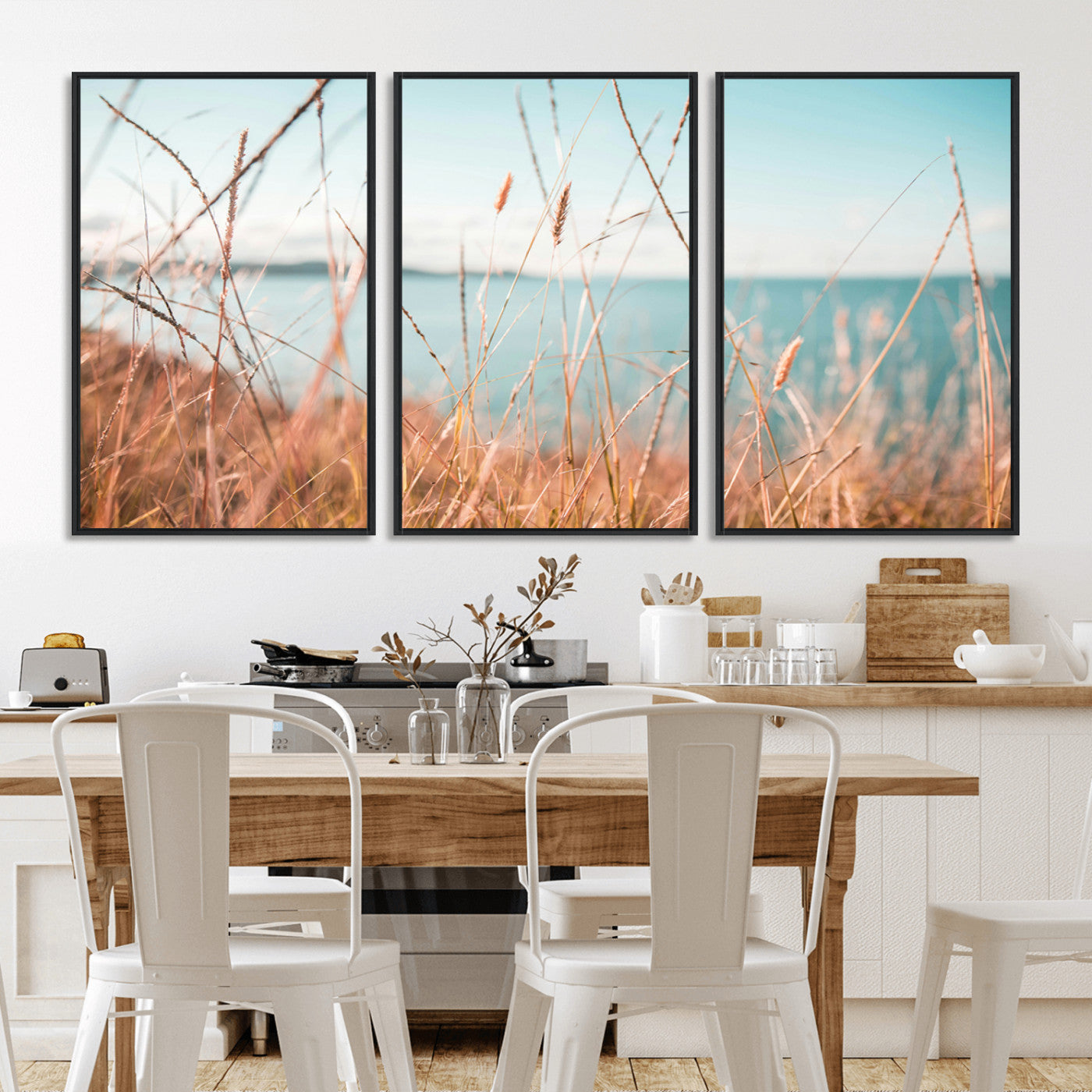 36108696-MGV-FC-60X30-3P_Black-Coastal Grass Wall Art – Serene Ocean View Canvas Print, Beach Nature Photography Decor for Living Room, Bedroom, Office or Modern