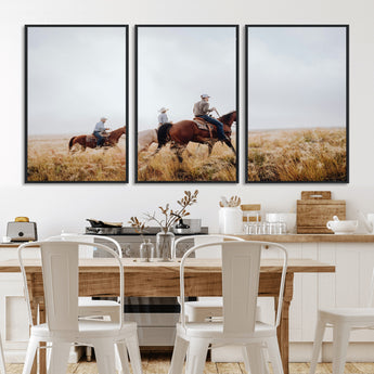 94723307-MGV-CV-36X24-Western Cowboys Wall Art Canvas Print, Framed Rustic Prairie Art Picture Print, Horseback Riding Perfect Rustic Western Decor