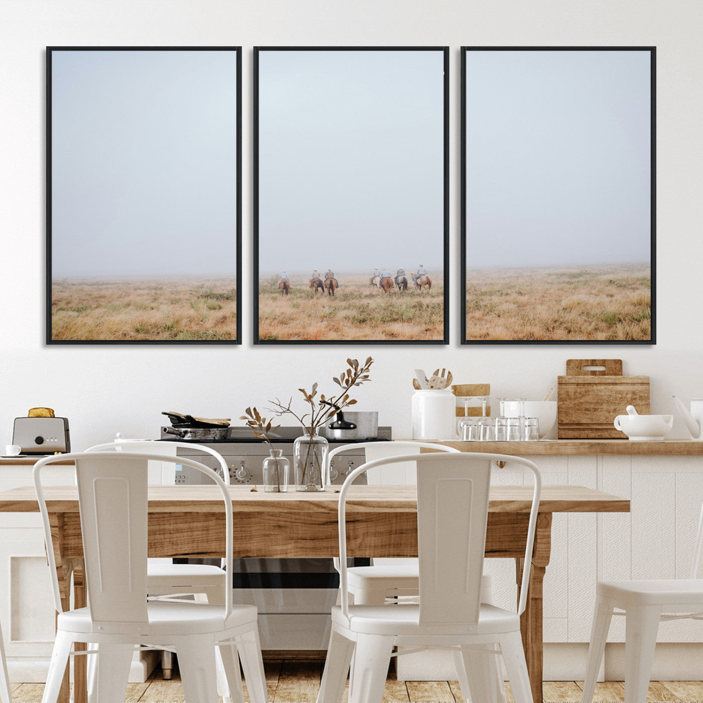 14761944-MGV-FC-60X30-3P_Black-Foggy Plains Wall Art Canvas Print, Framed Horseback Riders Art Picture Print, Rustic Western Perfect Rustic Western Decor Artwork