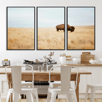 61392510-MGV-FC-60X30-3P_Black-Buffalo Wall Art Wall Art Canvas Print, Framed Western Wildlife Decor Art Picture Print, Rustic Farmhouse Art Perfect Rustic