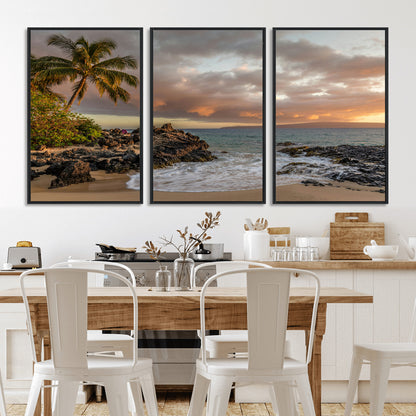 55108220-MGV-CV-36X24-Tropical Beach Wall Art Canvas Print, Framed Hawaiian Sunset Art Picture Print, Ocean Waves Perfect Coastal Tropical Decor Artwork
