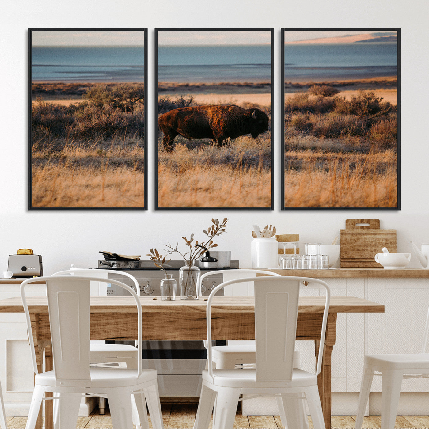 39509187-MGV-CV-36X24-Western Wildlife Wall Art Canvas Print, Framed Bison Art Picture Print, Golden Hour Perfect Western Rustic Decor Artwork