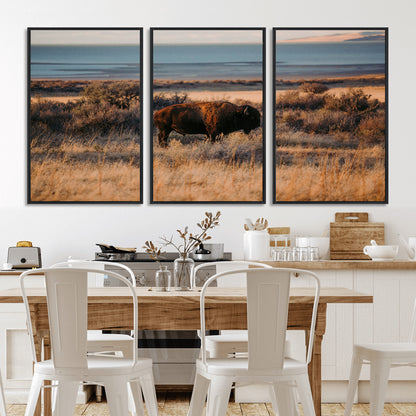 39509187-MGV-CV-36X24-Western Wildlife Wall Art Canvas Print, Framed Bison Art Picture Print, Golden Hour Perfect Western Rustic Decor Artwork
