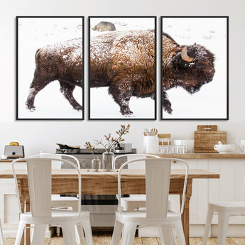 94261165-MGV-CV-36X24-Snowy Buffalo Wall Art Canvas Print, Framed Wildlife Photography Art Picture Print, Brown Tones Perfect Rustic Lodge Decor Decor