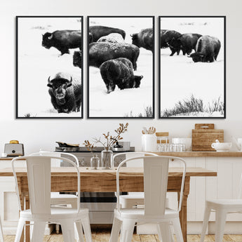 18914414-MGV-CV-36X24-Buffalo Herd Wall Art Canvas Print, Framed Black and White Art Picture Print, Snowy Landscape Perfect Rustic Lodge Decor Decor