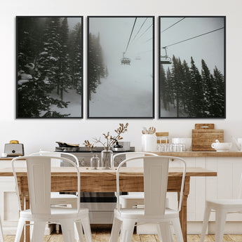 87018452-MGV-CV-36X24-Ski Lift Wall Art Canvas Print, Framed Snowy Pines Art Picture Print, Misty Landscape Perfect Winter Serenity Decor Artwork