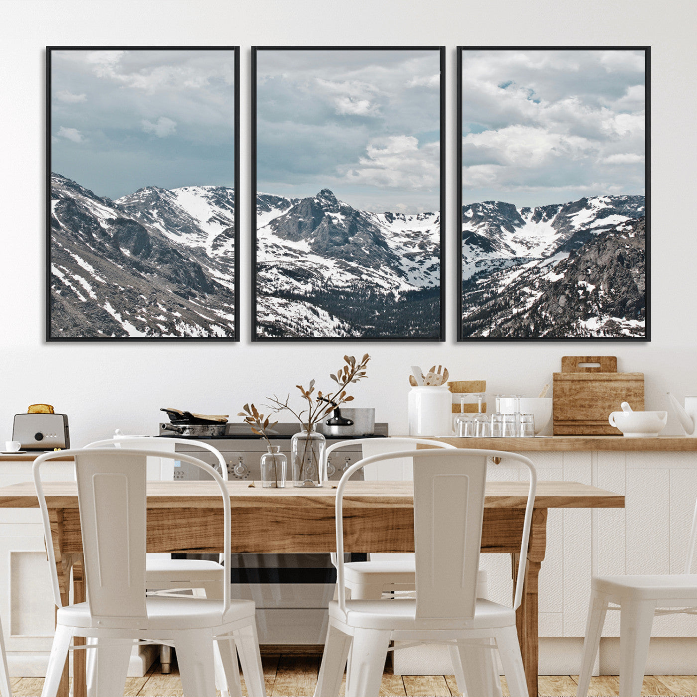 94074619-MGV-FC-60X30-3P_Black-Snowy Peaks Wall Art Canvas Print, Framed Alpine Wilderness Art Picture Print, Mountain Escape Perfect Winter Serenity Decor