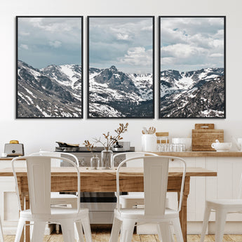 94074619-MGV-FC-60X30-3P_Black-Snowy Peaks Wall Art Canvas Print, Framed Alpine Wilderness Art Picture Print, Mountain Escape Perfect Winter Serenity Decor