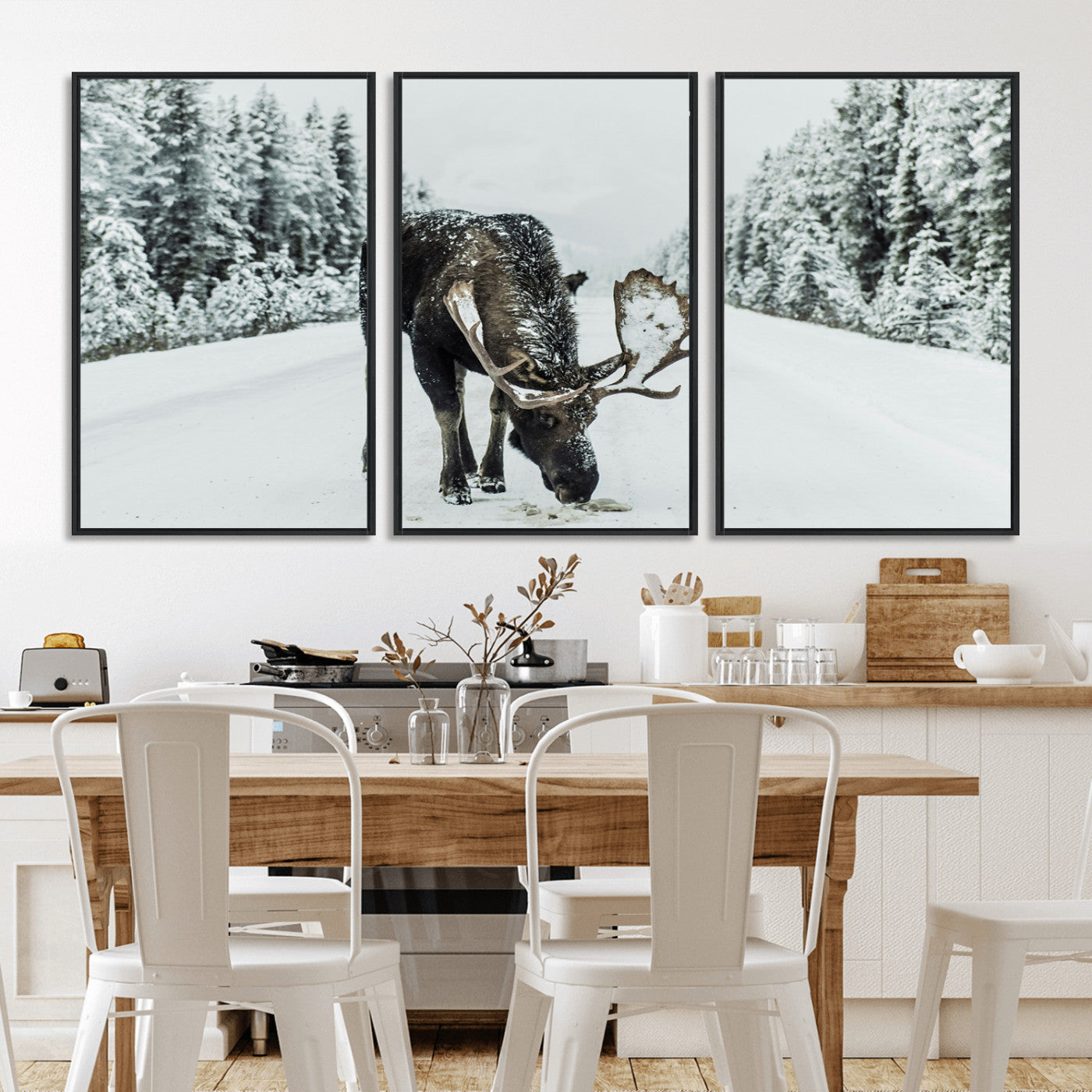 13316292-MGV-CV-36X24-Moose in Snow Wall Art Canvas Print, Framed Winter Wildlife Art Picture Print, Snowy Forest Scene Perfect Rustic Lodge Decor
