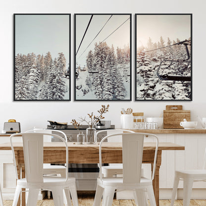 91534512-MGV-CV-36X24-Frosty Pines Wall Art Canvas Print, Framed Cozy Cabin View Art Picture Print, Ski Lift Ride Perfect Rustic Lodge Decor Artwork