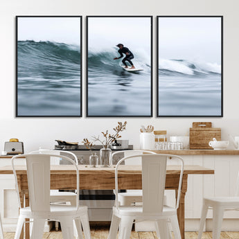 11693607-MGV-CV-36X24-Surfer on Wave Wall Art Canvas Print, Framed Ocean Adventure Art Picture Print, Motion Blur Water Perfect Coastal Adventure Decor