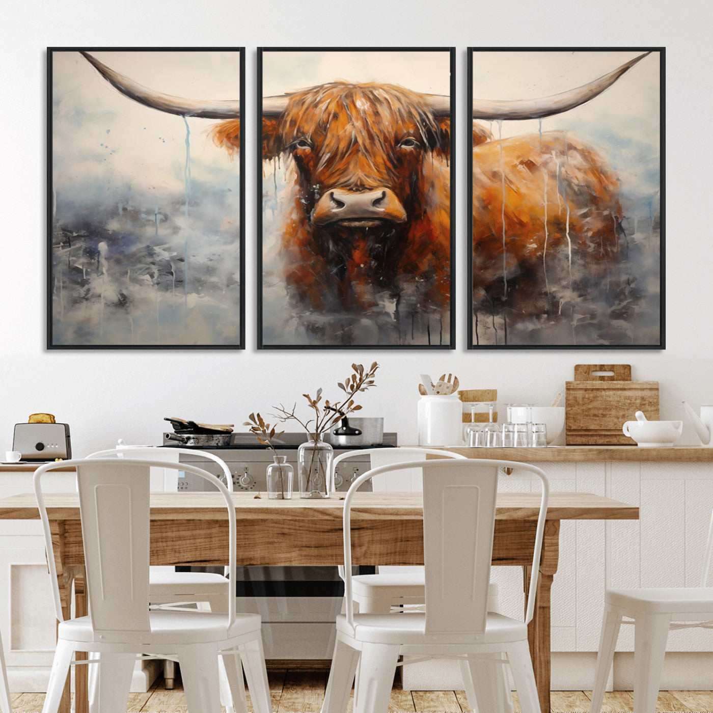 X61001-MGV-CV-36X24-Scottish Highland Wall Art Canvas Print, Framed Longhorn Art Picture Print, Western Cow Perfect Farmhouse Decor Artwork
