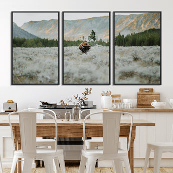 41674074-MGV-FC-60X30-3P_Black-Bison Wall Art – American Buffalo Wildlife Photography Canvas Print, Western Mountain Landscape Artwork Rustic Nature Decor for