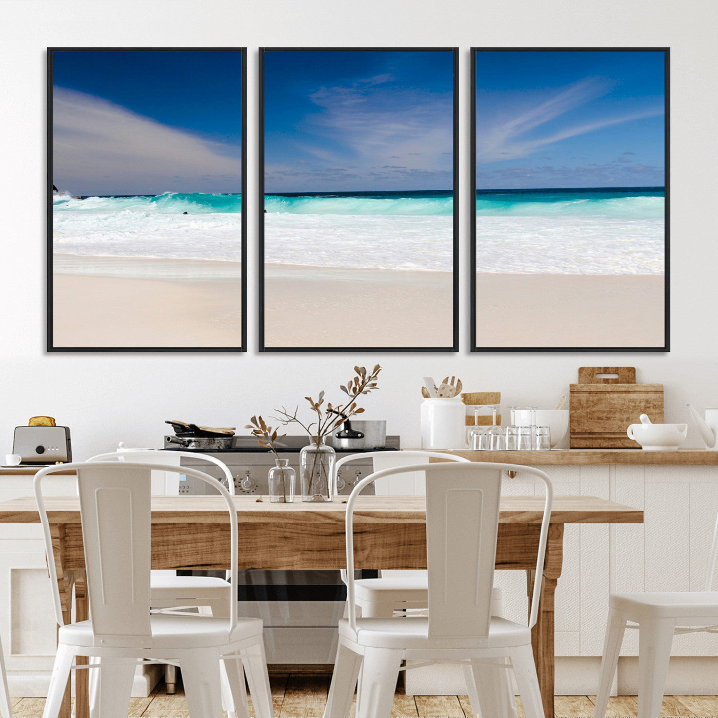 55017356-MGV-CV-36X24-Ocean Beach Wall Art – Turquoise Wave and White Sand Shoreline Canvas Print, Coastal Seascape Photography Decor for Living Room,