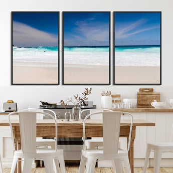 55017356-MGV-CV-36X24-Ocean Beach Wall Art – Turquoise Wave and White Sand Shoreline Canvas Print, Coastal Seascape Photography Decor for Living Room,