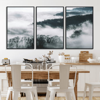 67569654-MGV-CV-36X24-Foggy Forest Wall Art – Mist Covered Hills and Trees Landscape Canvas Print, Moody Nature Photography Decor for Living Room,