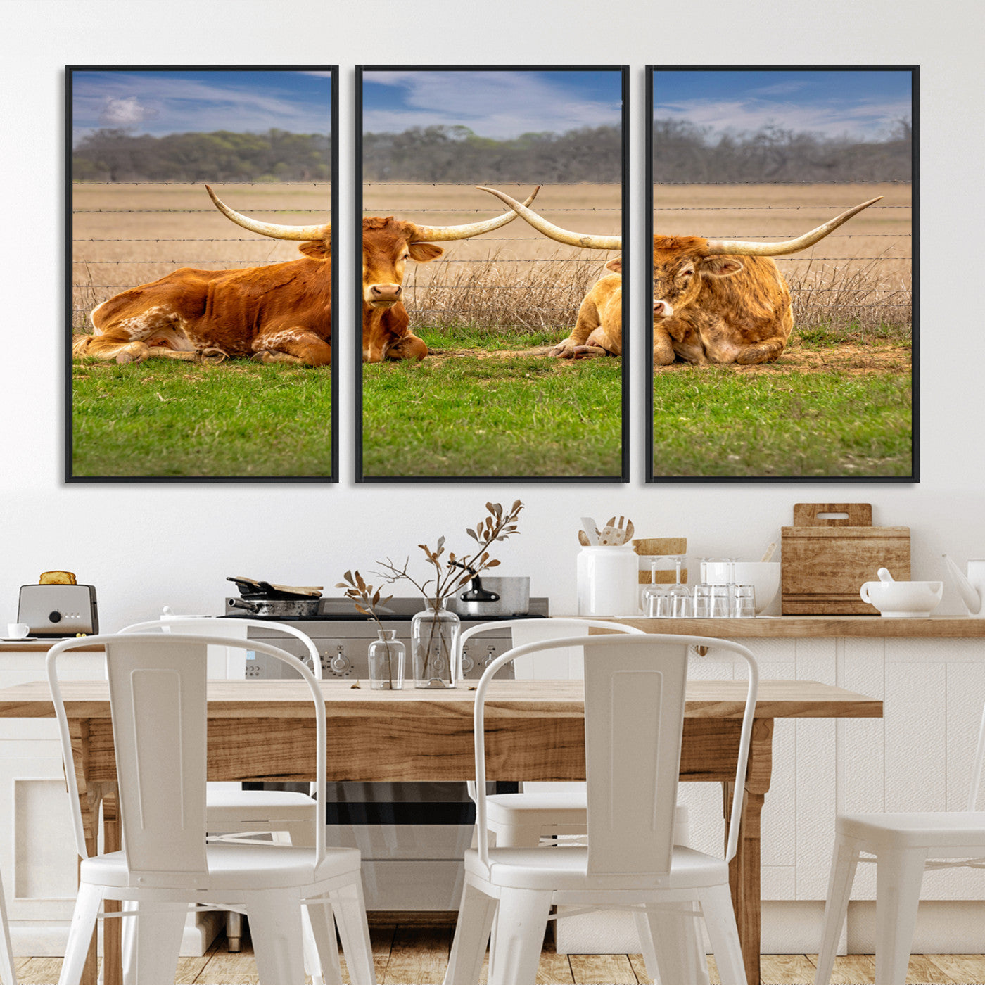 54598515-MGV-CV-36X24-Texas Longhorns Wall Art – Rustic Cattle Ranch Canvas Print, Western Farmhouse Animal Photography Decor for Living Room, Office,