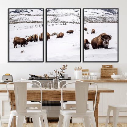 38217250-MGV-FC-60X30-3P_Black-Bison Herd Wall Art – Wildlife Canvas Print of Buffalo Winter Snow Scene, Rustic Western Lodge Décor, Farmhouse & Cabin Nature