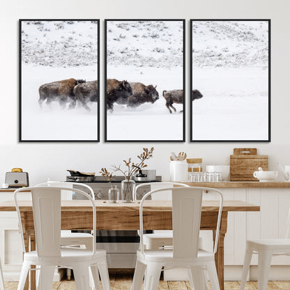 61161423-MGV-CV-36X24-Running Bison Herd Wall Art – Winter Buffalo Canvas Print, Wildlife Photography Decor for Rustic Living Room, Farmhouse, Lodge,